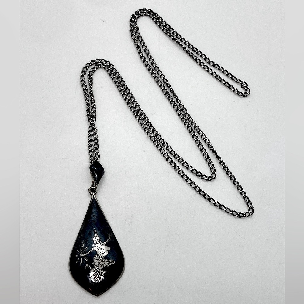 Vtg Sterling Silver Niello Nielloware Siam Necklace | 26” Chain + 1.3” Pendant